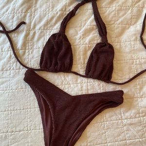 Monday swimwear brown crinkle top and bottom large